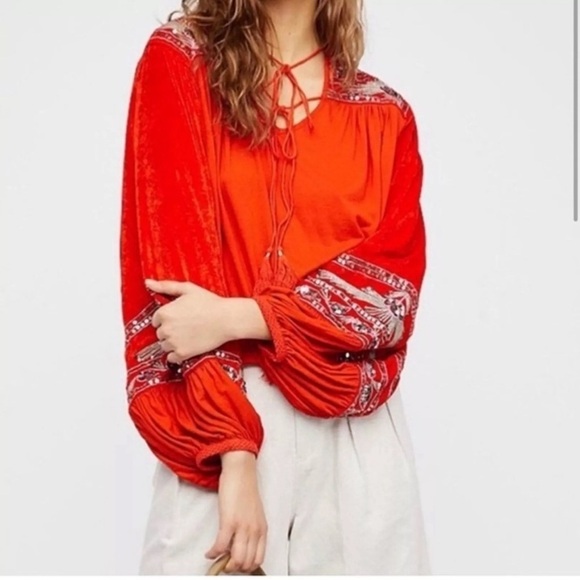 ♥️Free People  Linen Blend Velour Dolman arm blouse/Vneck/embroidery/sequi… - Picture 3 of 13